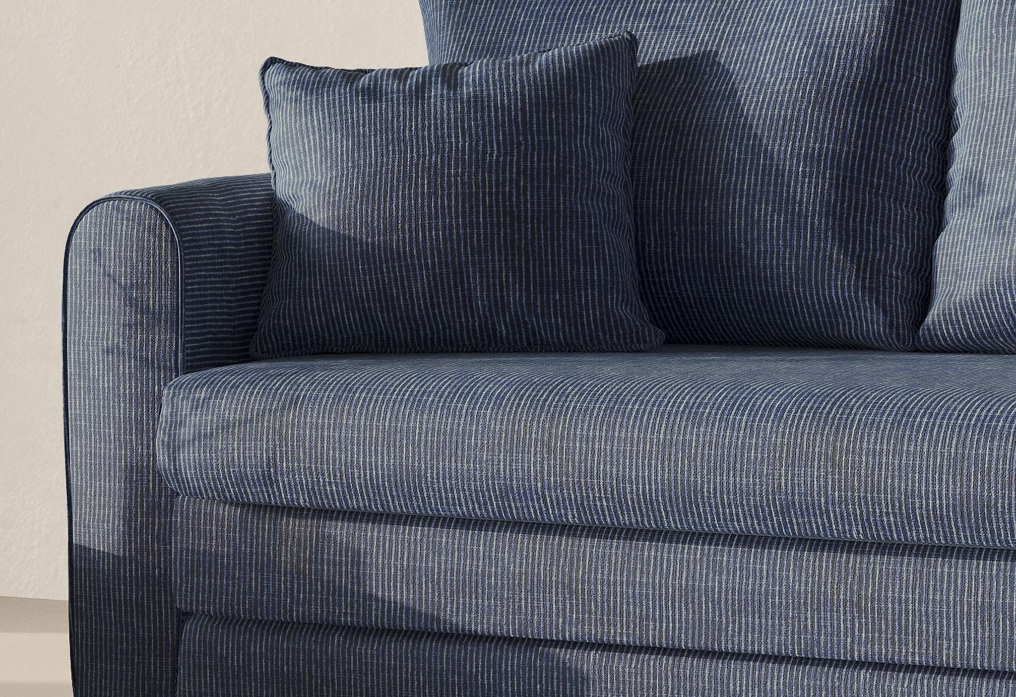 Canapé-lit Lido en tissu rayé bleu avec forme compacte et coussins moelleux – mobilier Micadoni