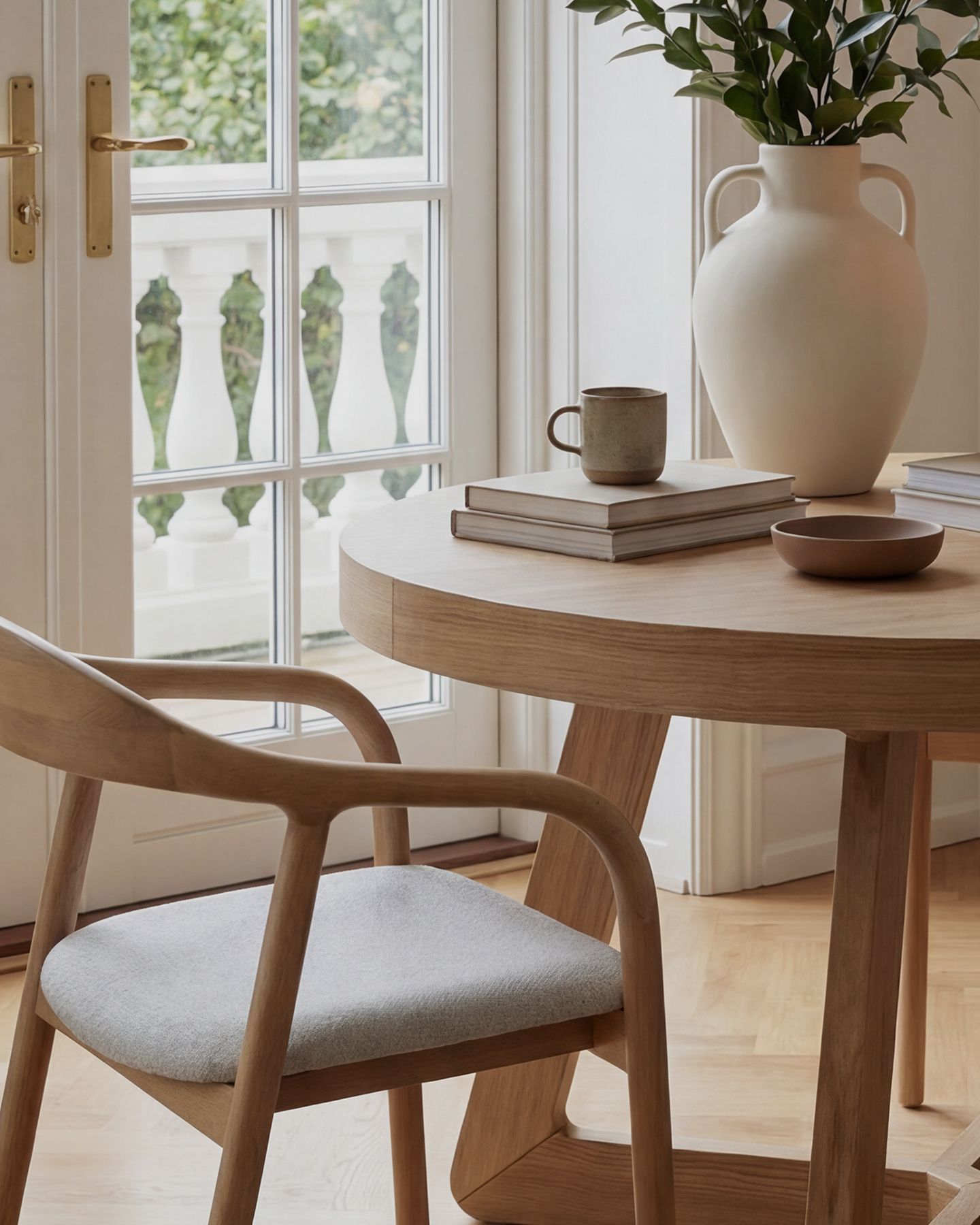 Best-sellers Micadoni — table ronde en chêne avec piètement cannelé et chaises effet velours, intérieur chaleureux.