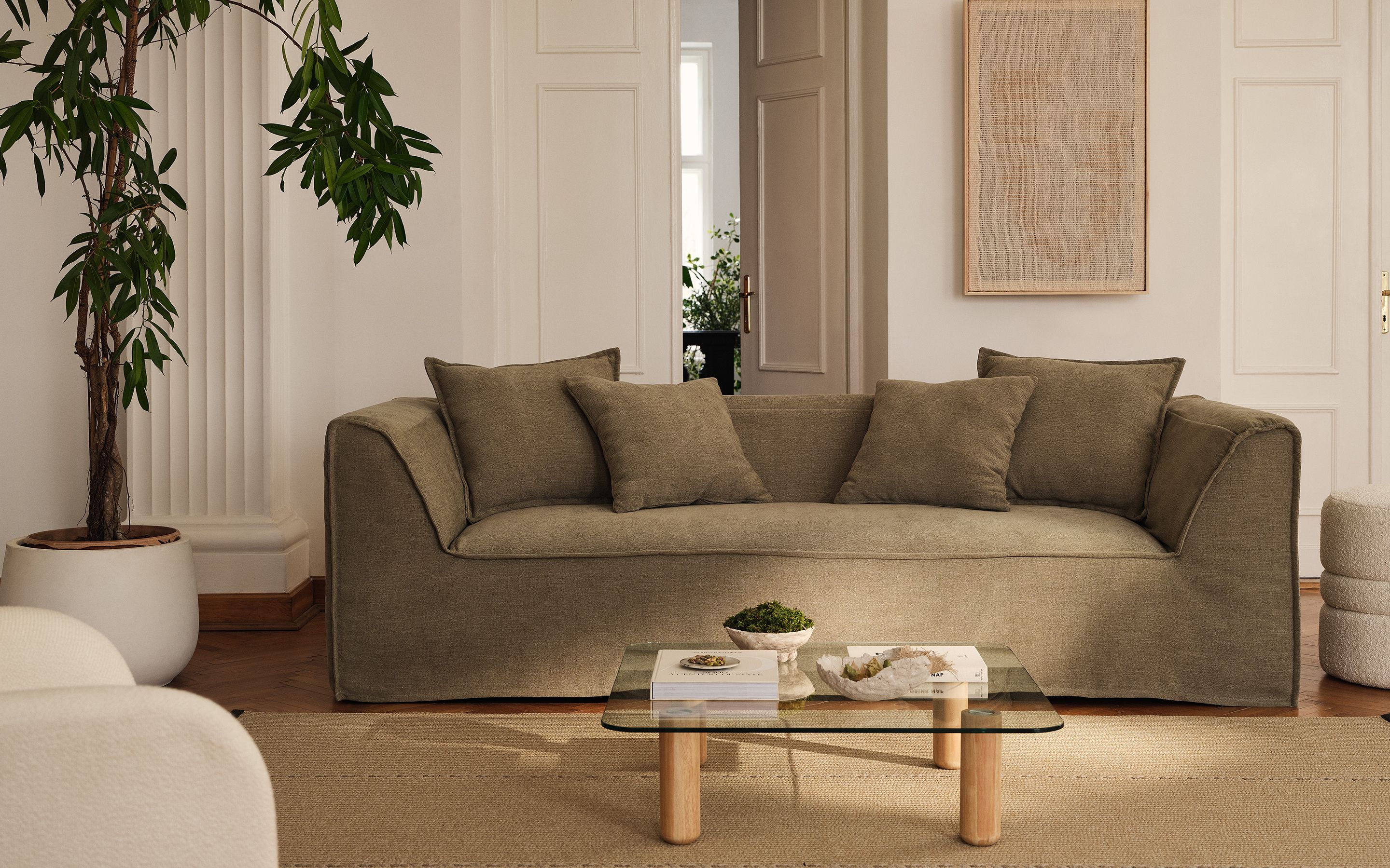 Milton 3-seater sofa in olive green fabric with soft cushions and modern minimalist design – Micadoni