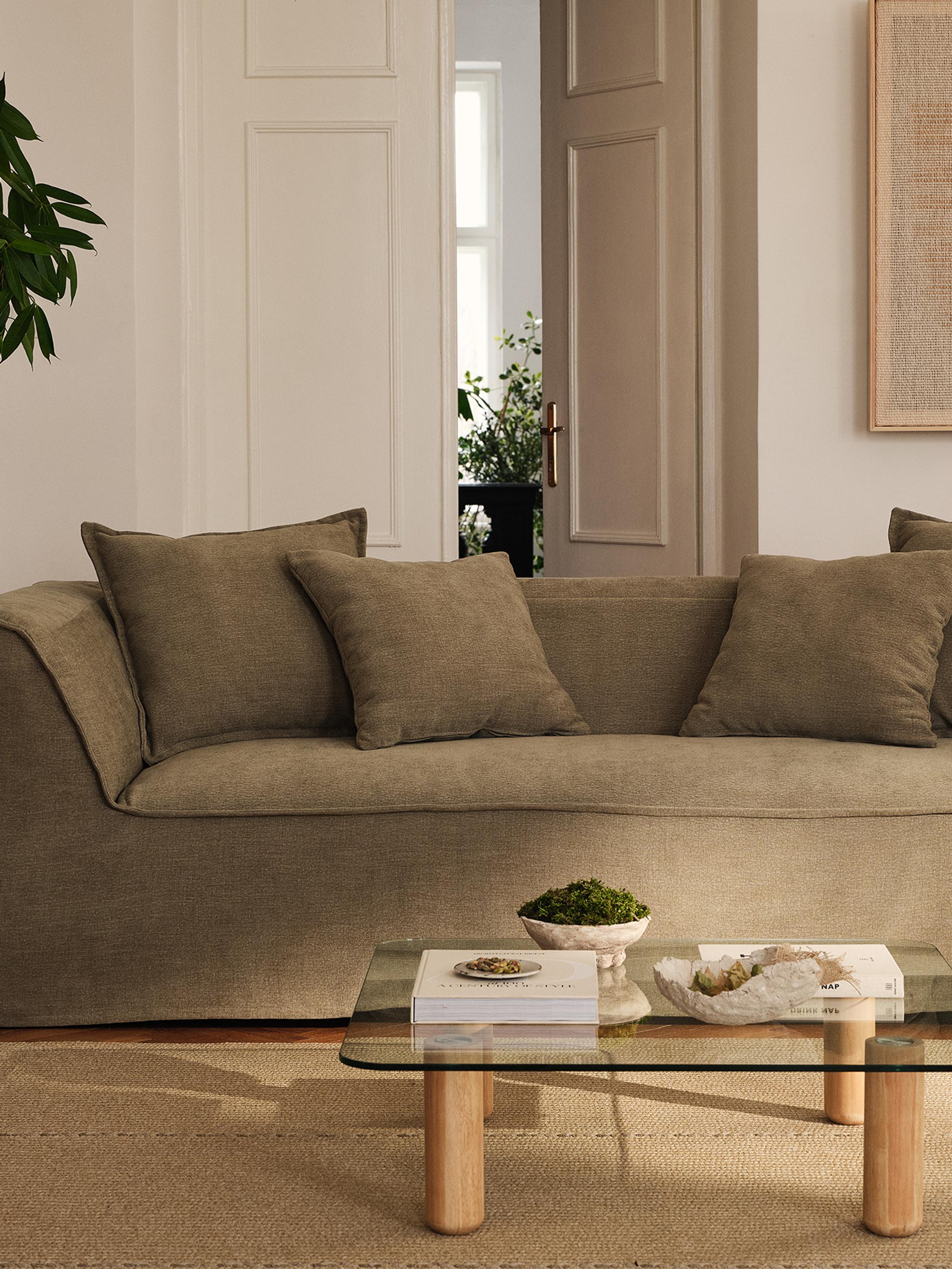 Milton 3-seater sofa in olive green fabric with soft cushions and modern minimalist design – Micadoni