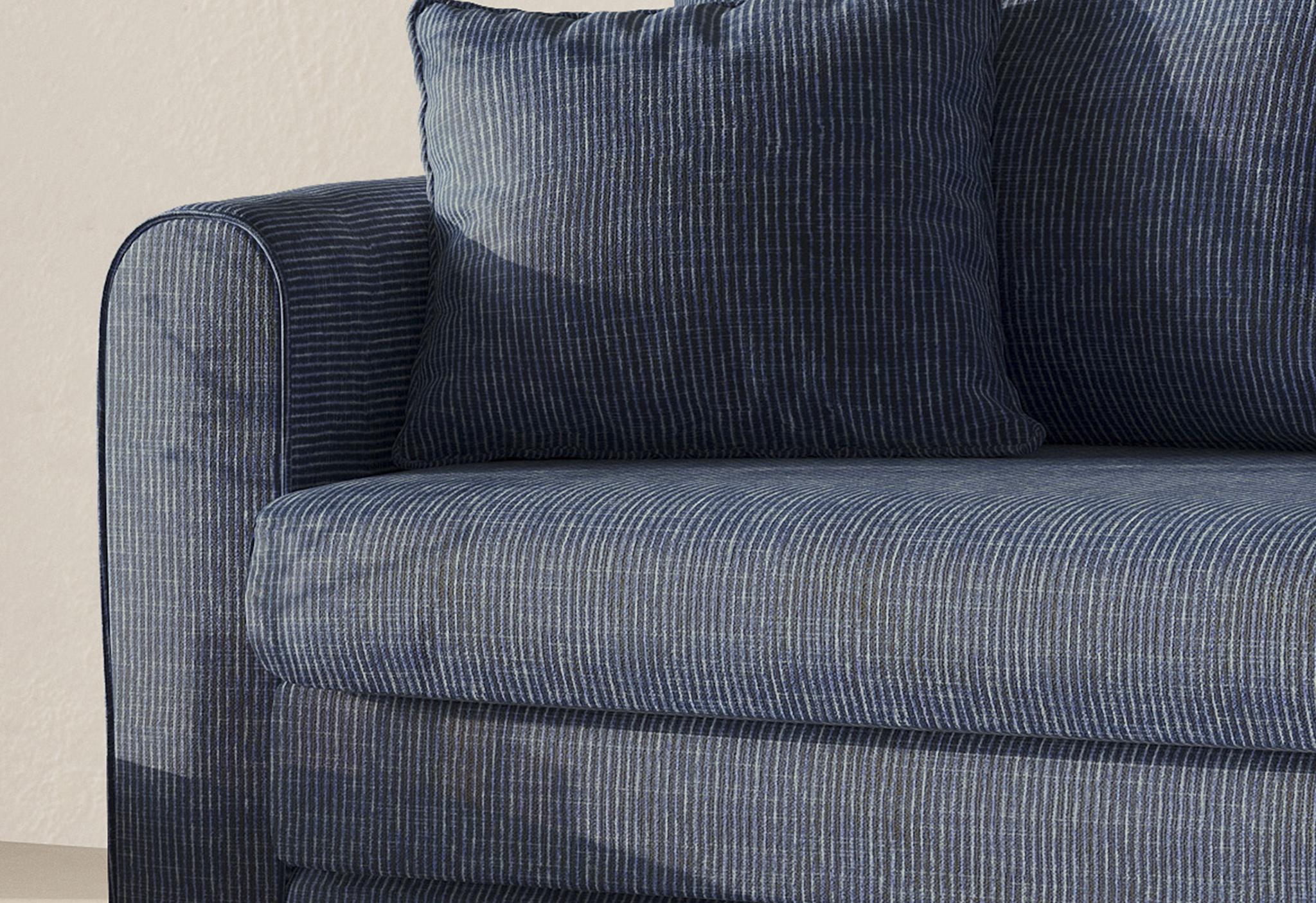 Canapé-lit Lido en tissu rayé bleu avec forme compacte et coussins moelleux – mobilier Micadoni