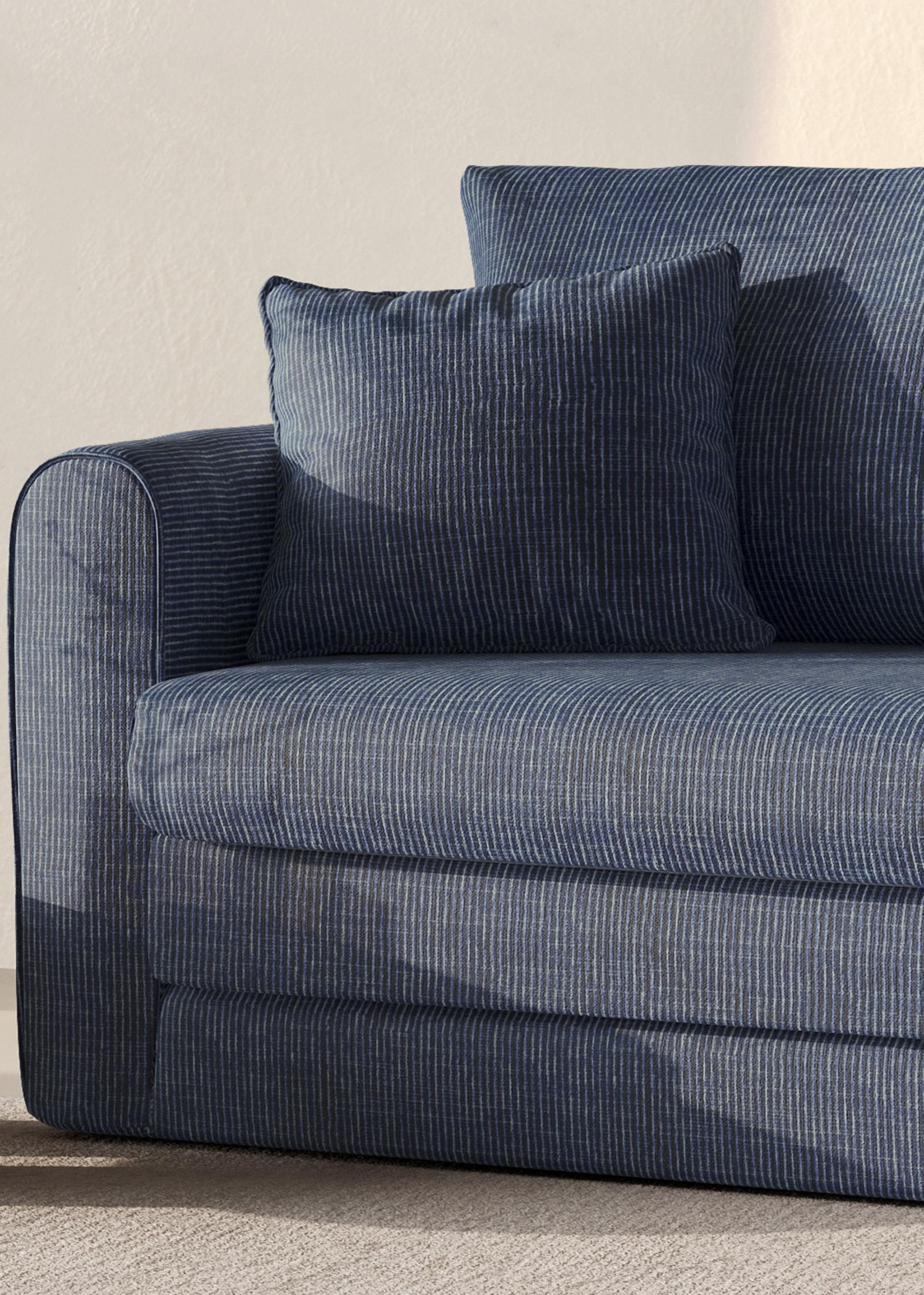 Canapé-lit Lido en tissu rayé bleu avec forme compacte et coussins moelleux – mobilier Micadoni