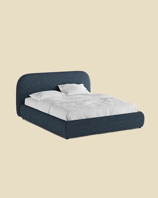 Lit Micadoni Murada en bouclé bleu-vert, tête de lit capitonnée