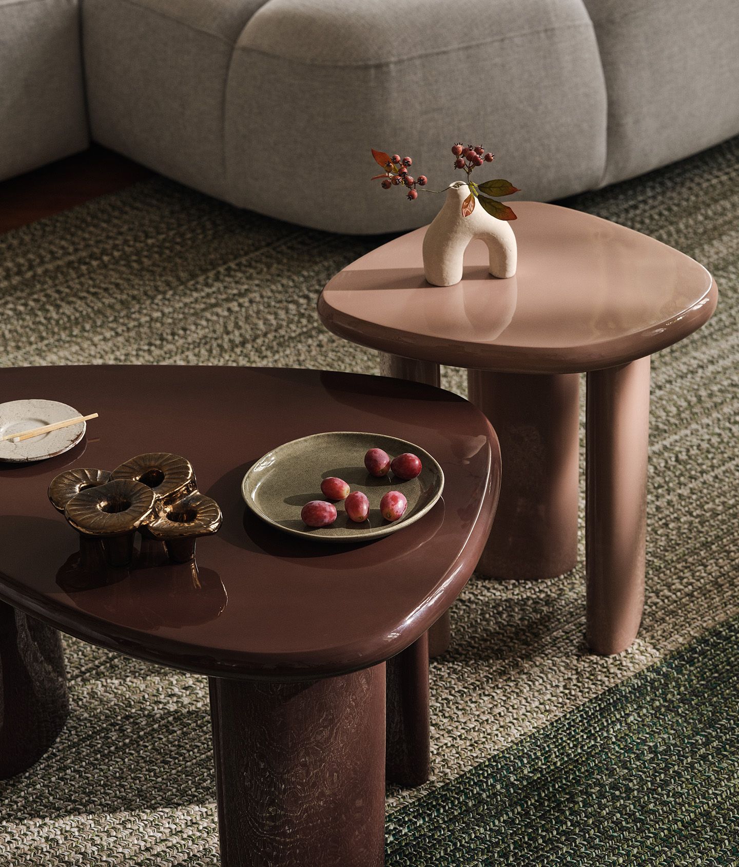 Lawrance coffee tables in glossy brown and blush pink finish.