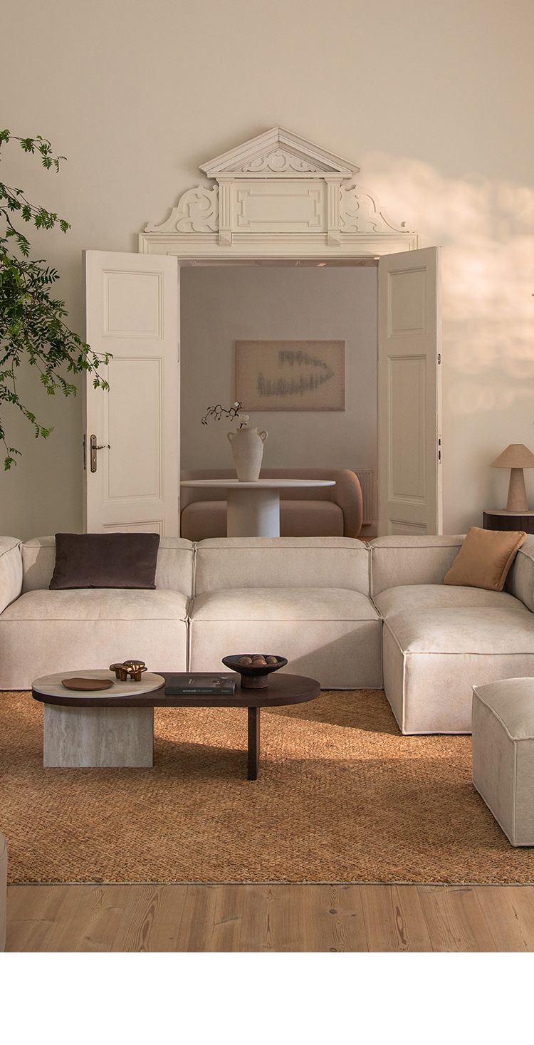 Nuria corner sofa with matching pouf in beige fabric – Micadoni