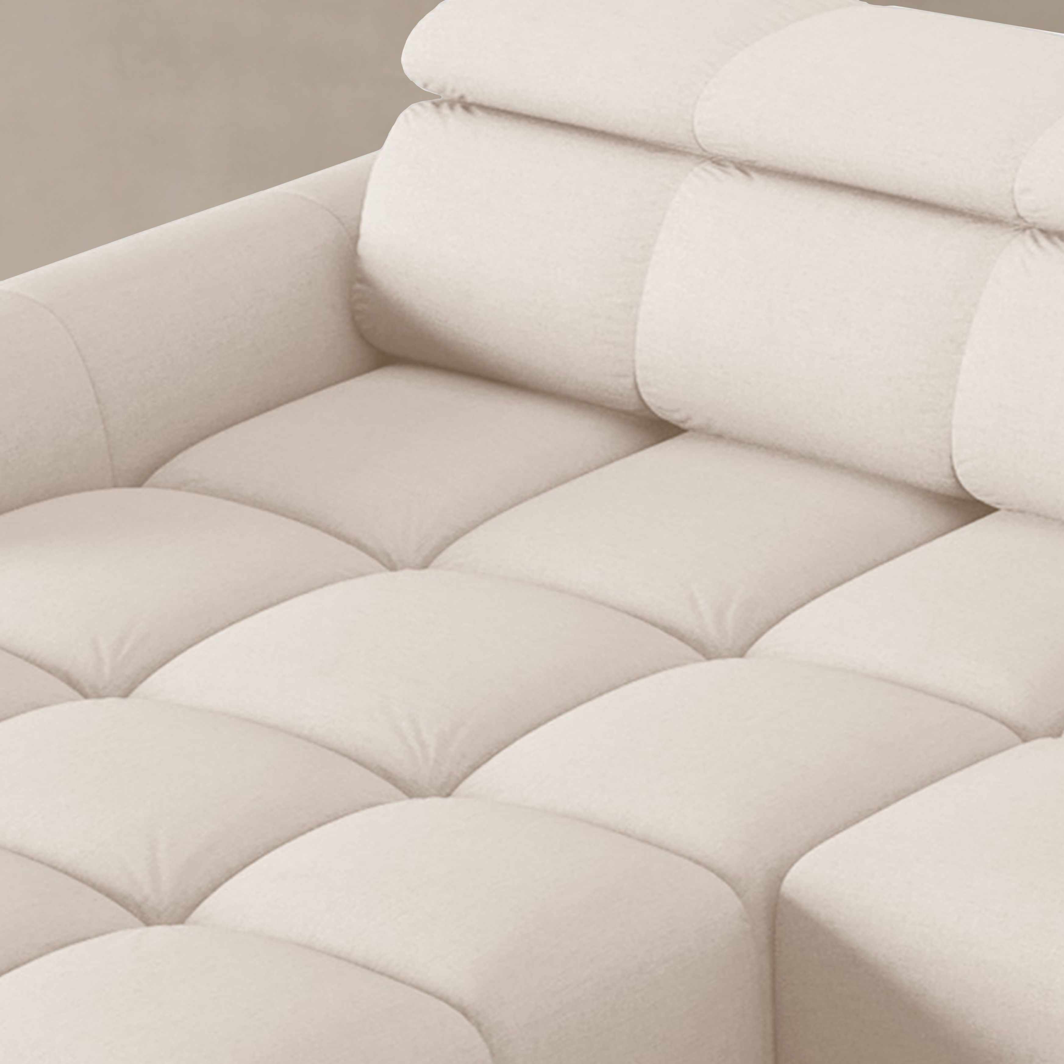 Canapé relax Alyse en tissu beige clair avec assise matelassée et appuie-tête réglable – mobilier Micadoni