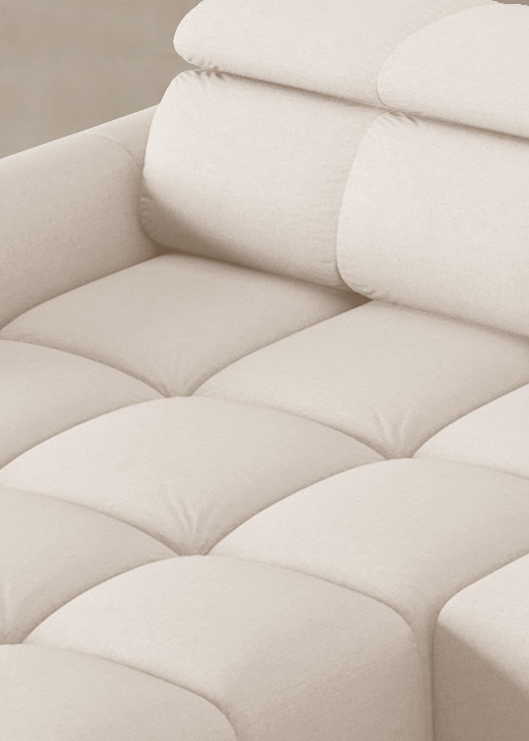 Canapé relax Alyse en tissu beige clair avec assise matelassée et appuie-tête réglable – mobilier Micadoni