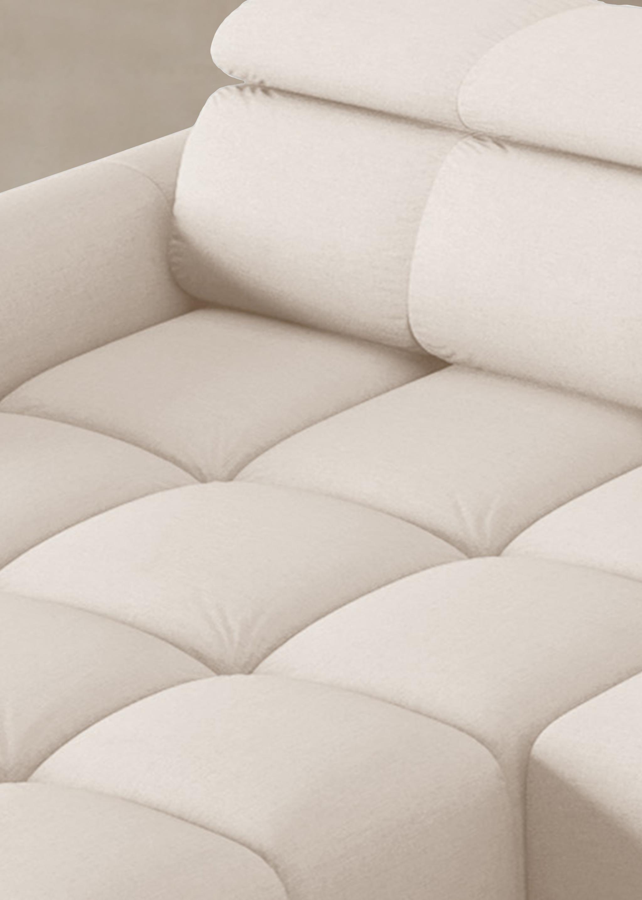 Canapé relax Alyse en tissu beige clair avec assise matelassée et appuie-tête réglable – mobilier Micadoni