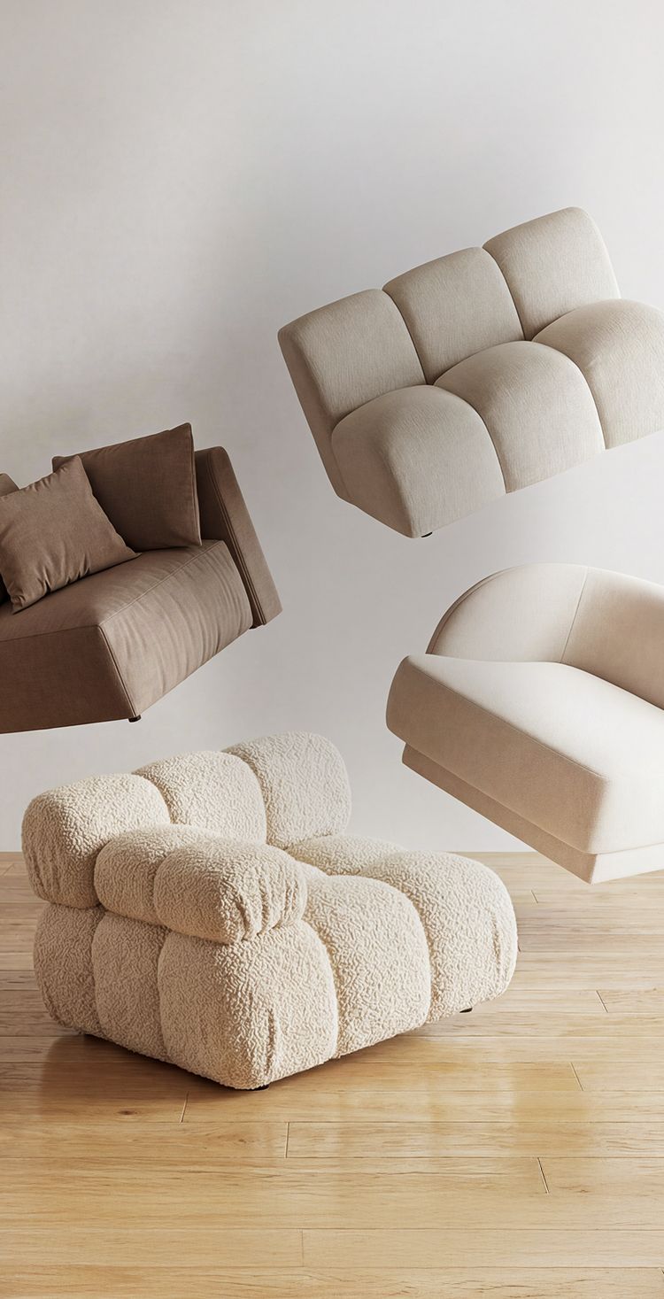 Canapés modulaires Micadoni Bellis, Miley et Lupine en tons neutres présentés en collage flottant.